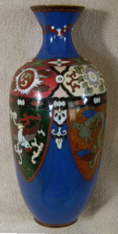 Japanese 4 panel Meiji Period 10 inch Cloisonne Vase