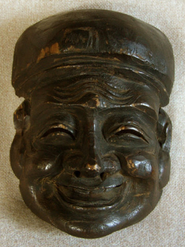 antique Japanese carved wooden Noh theater mask