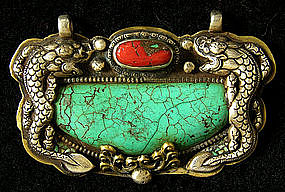 Tibetan pendant silver and bronze with turquoise coral