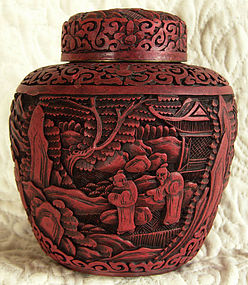 Antique Chinese Deeply Carved Cinnabar Covered Jar