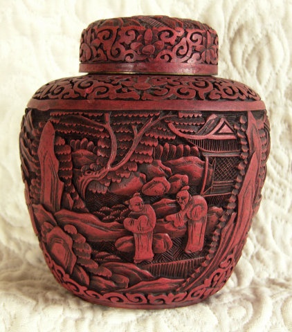 Antique Chinese Deeply Carved Cinnabar Covered Jar