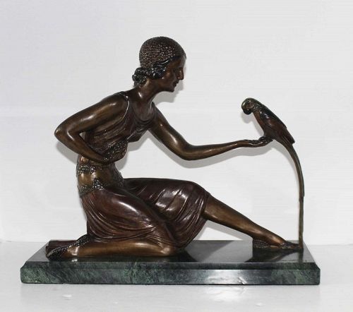 Art Deco Bronze Sculpture of a Seated Female Holding a Parrot by D.H.