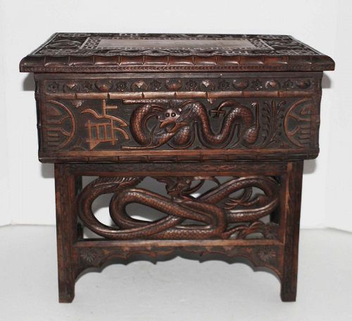Early 20th Century Chinese Portable Small Carved Wood Dragon Table