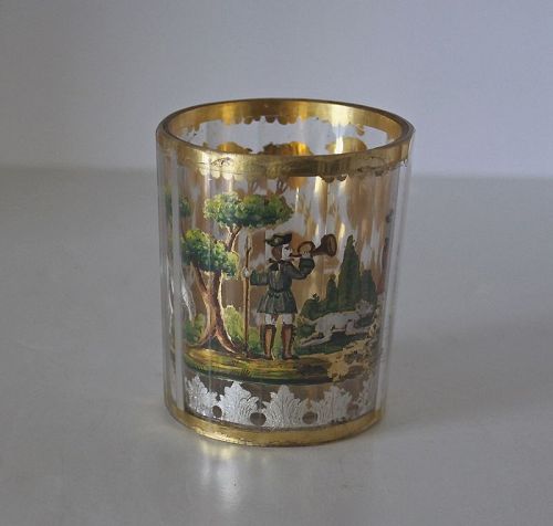 Two Late 1800’s Bohemian Double-Walled Small Cups with Hunting Scenes