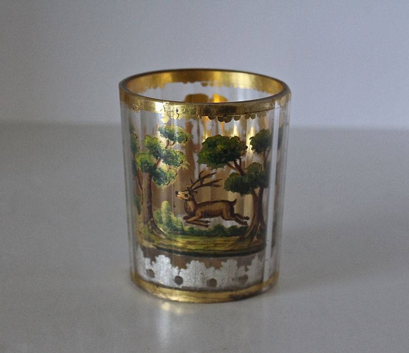 Two Late 1800’s Bohemian Double-Walled Small Cups with Hunting Scenes