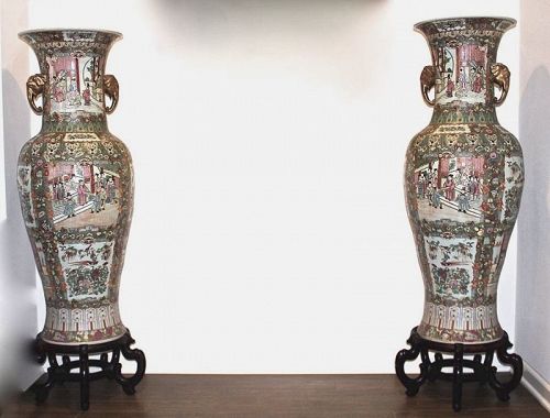 Vintage Pair of Large Chinese Rose Medallion Porcelain Floor Vases
