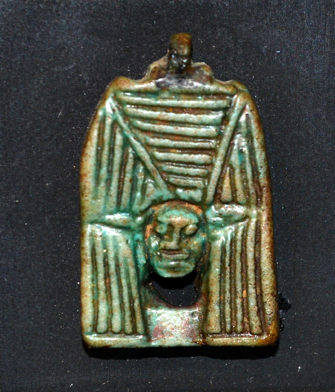 AN ANCIENT EGYPTIAN FAIENCE HATHOR AMULET