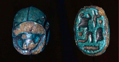 AN ANCIENT EGYPTIAN NEW KINGDOM FAIENCE SCARAB FOR SETI 2