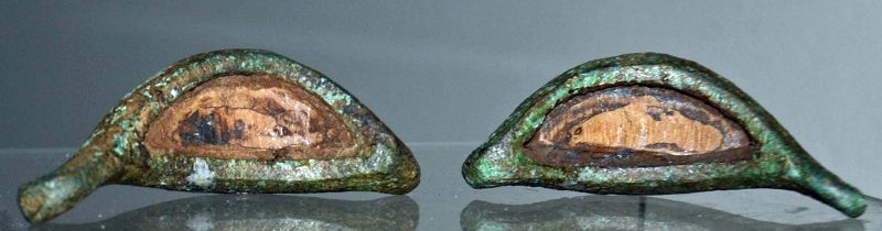 A PAIR OF ANCIENT EGYPTIAN BRONZE AND STONE EYES