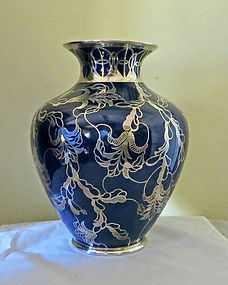 Large Silver Overlay Porcelain Vase