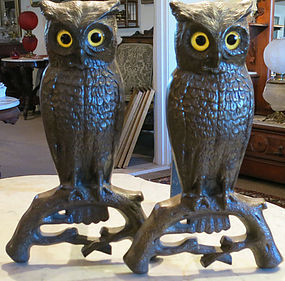 Antique Cast Iron Owl Andirons with Glass Eyes