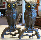 Antique Cast Iron Owl Andirons with Glass Eyes