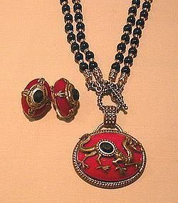 PATRICE RED CHINESE DRAGON NECKLACE AND EARRINGS