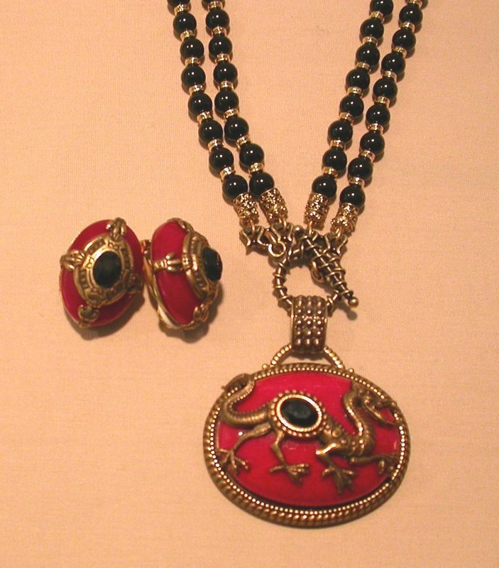 PATRICE RED CHINESE DRAGON NECKLACE AND EARRINGS