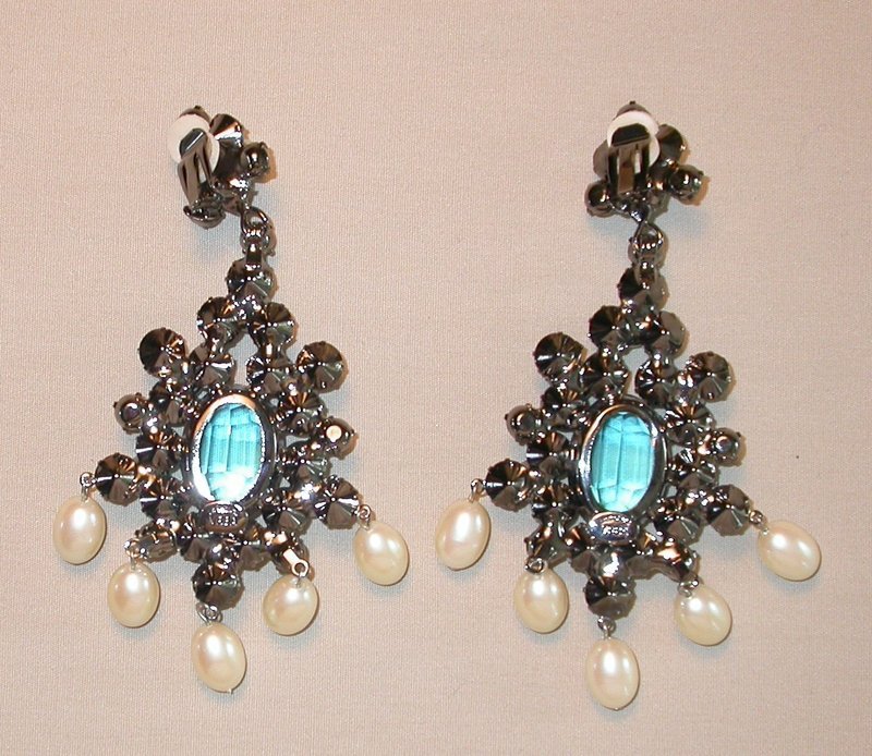 LAWRENCE VRBA PEARL AND AQUA DANGLE EARRINGS