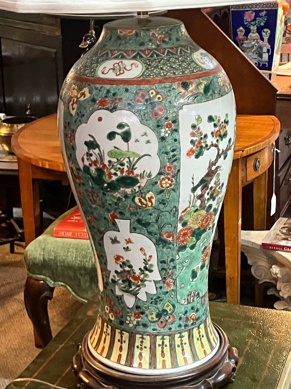Chinese Qing Dynasty Famille Verte Porcelain Vase. Reduced rim, lamped