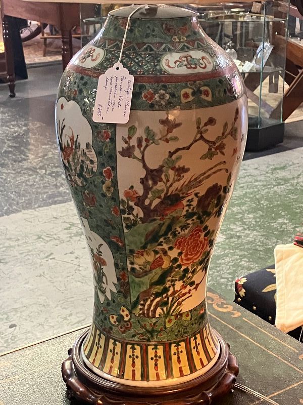 Chinese Qing Dynasty Famille Verte Porcelain Vase. Reduced rim, lamped