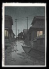 Hasui Woodblock - Night Rain at Kawarako