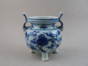 A Ming Dynasty 15th Century B/W Tripod Censer