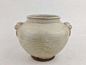 AN EARLY MING JUNYAO JAR WITH TWO LION MASK EAR