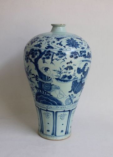 SUPERBLY BLUE AND WHITE MEIPING WITH FIGURES (YUAN 14th CENTURY)