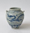 UNUSUAL BLUE AND WHITE JAR WITH DRAGON CHASING FLAMING PEARL