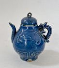 A RARE SMALL BLUE GLAZED WINE EWER  (YUAN DYNASTY 13th-14th CENTURY)