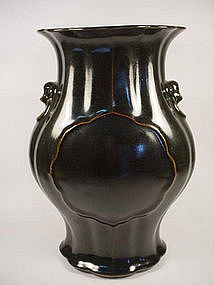 Mirror Black Glazed Lobed and Molded Vase