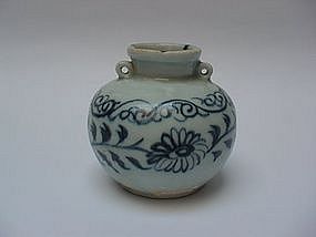 Blue & White Jar with A Pair Ring Handles