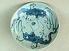 Swatow Blue & White Dish With A Pair Dragons