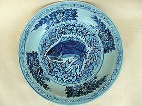 A Rare Blue & White Large Dish With Fish