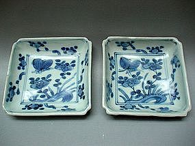 A Pair Of Blue & White Square Small Dishes