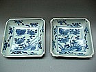 A Pair Of Blue & White Square Small Dishes