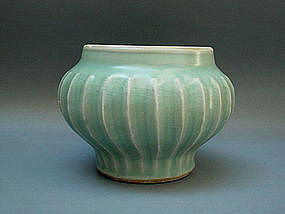 A Rare Celadon Fluted Sides Jar With Bluish Green Glaze