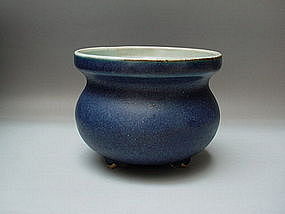 A Rare Ming Dynasty Sapphire Blue Tripod Censer