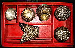 A Rare Strait of Chinese Silver Betel Nut Set With Box