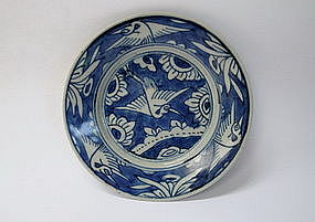 A Rare & Fine  Of White On Blue Cranes Swatow Type Dish