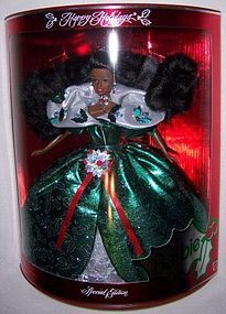 1995 Mattel Black HAPPY HOLIDAY BARBIE-Green Dress