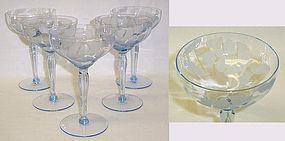5-Tiffin Blue ETCHED 5 7/8 Inch SHERBET CHAMPAGNES