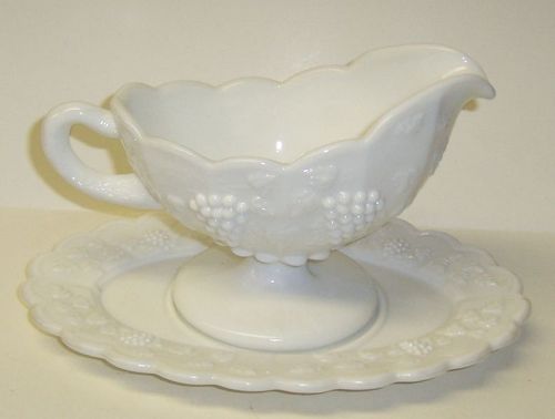 Westmoreland Milk Glass PANELED GRAPE GRAVY BOAT with UNDER PLATE