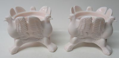 Jeannette SHELL PINK EAGLE 3 Footed CANDLE HOLDERS, Pair