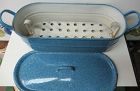 Vintage Medium Blue Small Mottled Granite Ware FISH POACHER, LID, RACK