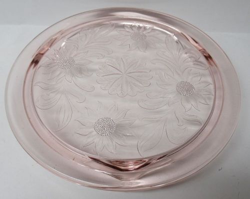 Jeannette Glass Pink SUNFLOWER 9 3/4 iN 3-Footed CAKE PLATE