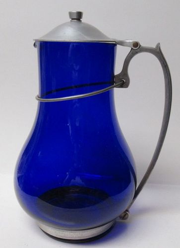 McKee Cobalt Glass SYRUP PITCHER with Metal BASE, HANDLE & LID