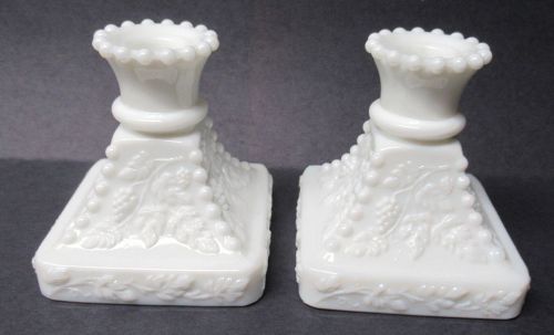 Westmoreland Milk Glass BEADED GRAPE 4 In Single CANDLE HOLDERS, Pair