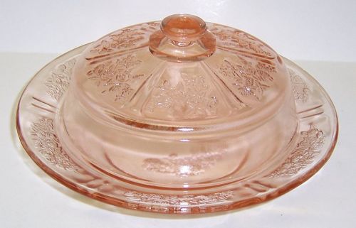 Federal Glass Pink SHARON CABBAGE ROSE Round BUTTER DISH with LID