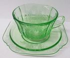 Federal Depression Glass Green PARROT SYLVAN CUP and SAUCER
