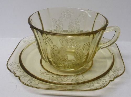 Federal Depression Glass Amber PARROT SYLVAN CUP and SAUCER
