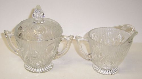 Jeannette Crystal IRIS and HERRINGBONE CREAMER, SUGAR BOWL and LID