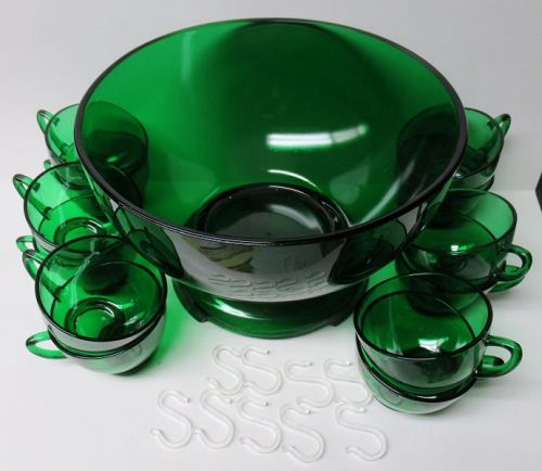 Anchor Hocking Fire King Forest Green 14 Pc PUNCH BOWL SET, 9 Cup Hook
